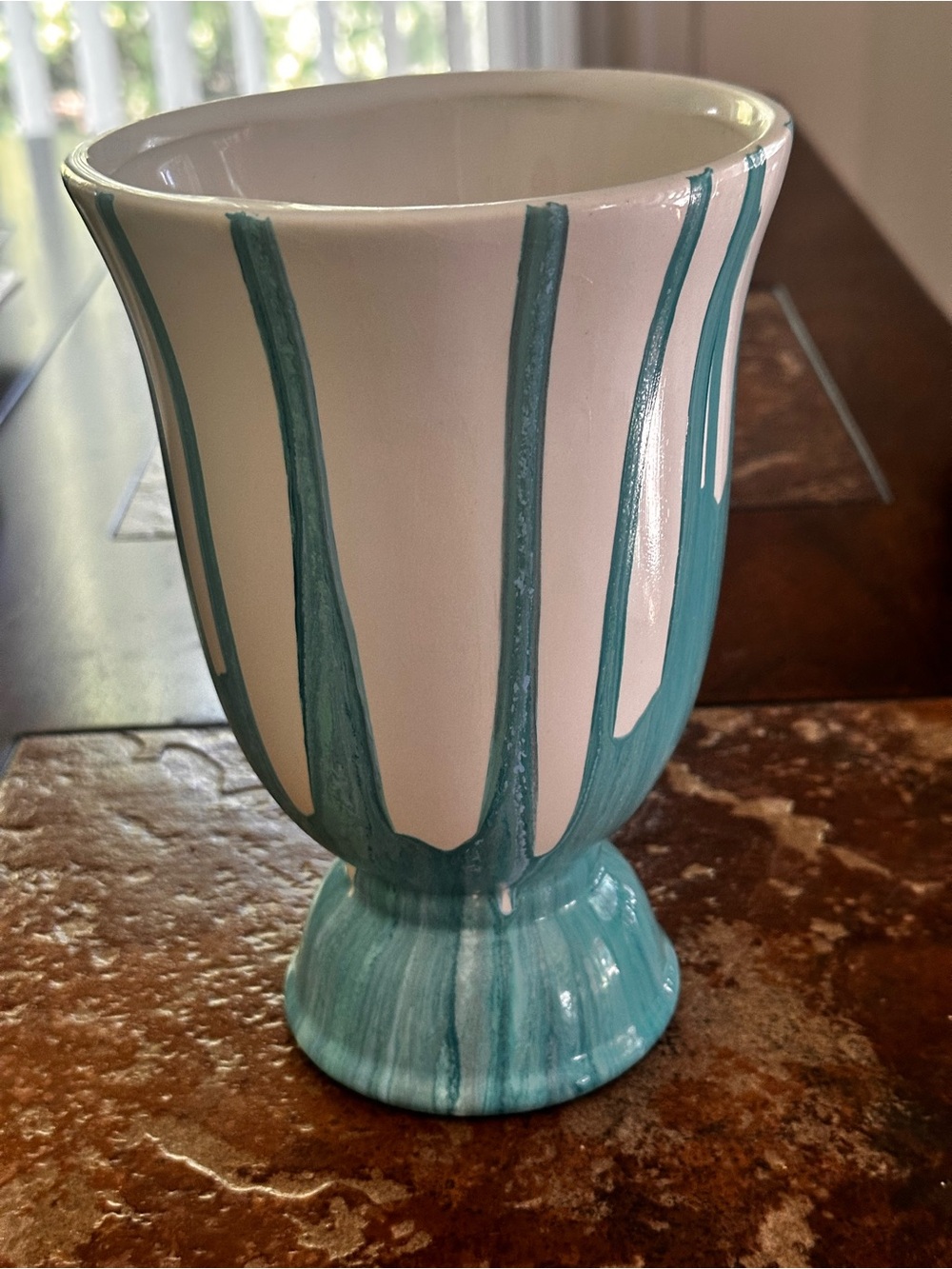 Hand crafted abstract white Ceramic Vase with Teal Drip Glaze